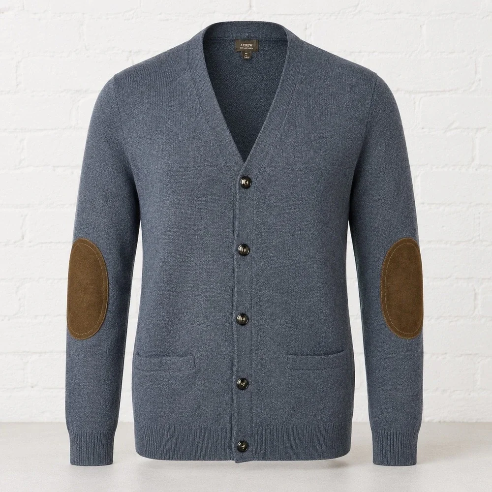 J Crew Cardigan Mens XL Blue Slim Merino Wool Elbow Patch Heritage Sweater Prep